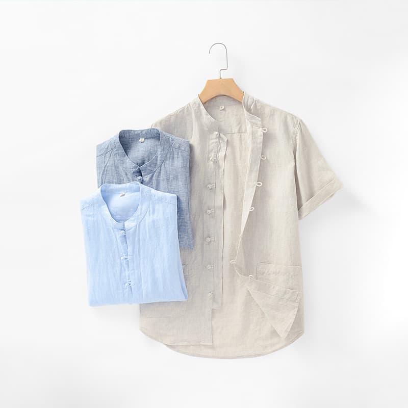 2024 New Linen Men's Clothing Chinese Retro Linen Shirt Button Stand Collar Linen Top Short Sleeve D007