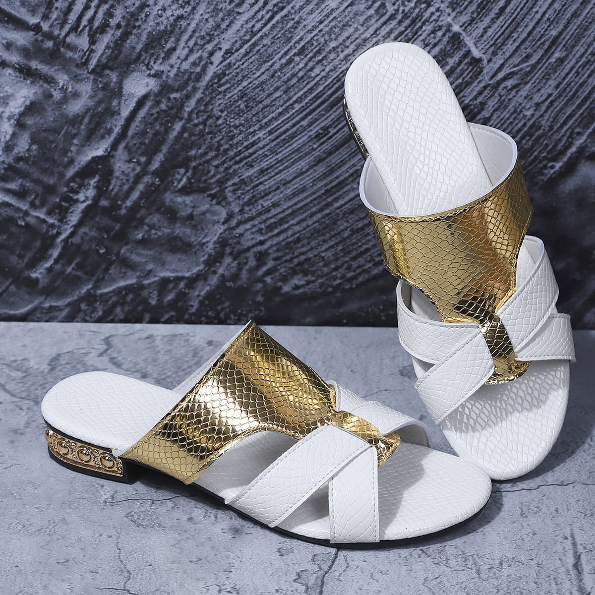 New Export Style Embossed Color-Block Flat Sandals for Women, Round Toe, Large Size, Simple Cross-Strap, Mid-Heel Beach Sandals