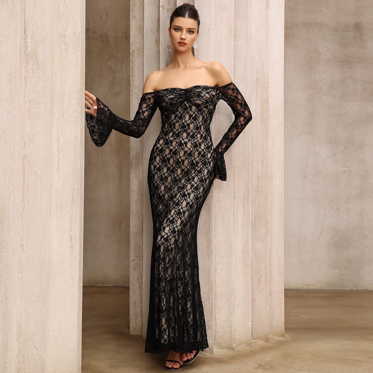French style one-shoulder lace slimming long-sleeved dress mid-length new party evening dress