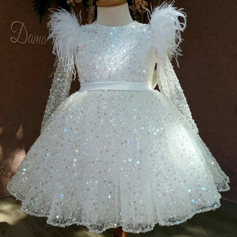 Girls' white tutu skirt long-sleeved feather evening dress stylish sequin girl flower girl children's birthday performance costume