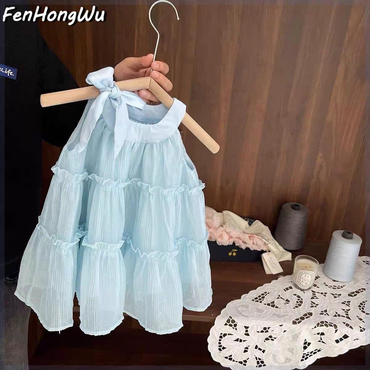 [Pink House] Baby Blue Princess Dress Girls Summer 2025 Sweet New Sleeveless Vest Skirt