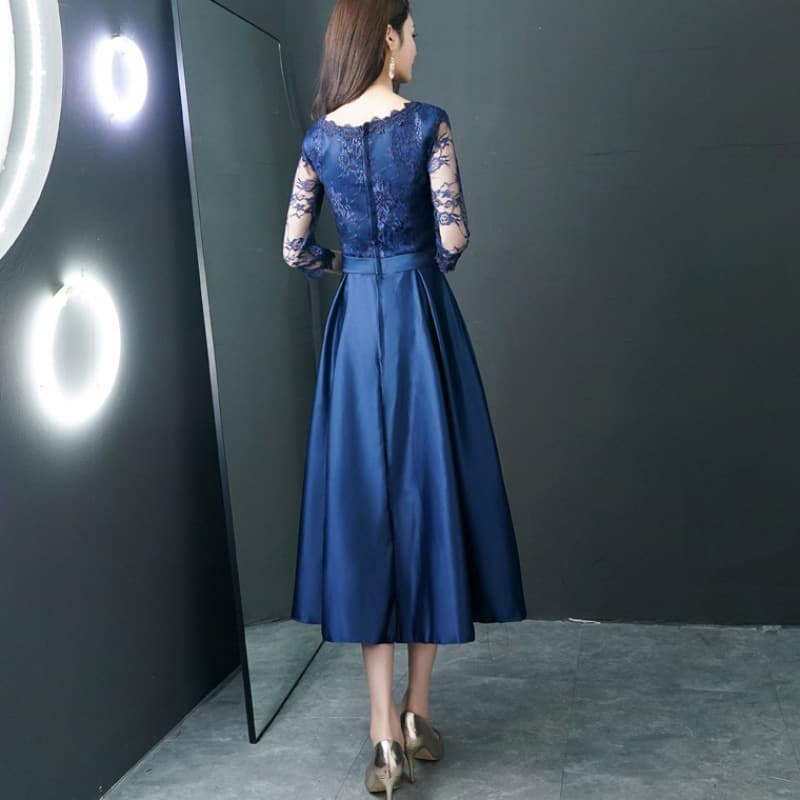 Navy Blue Dress Women 2026 New Mid-Length European American Southeast Asian Lace Mid-Sleeve Banquet Evening Gown