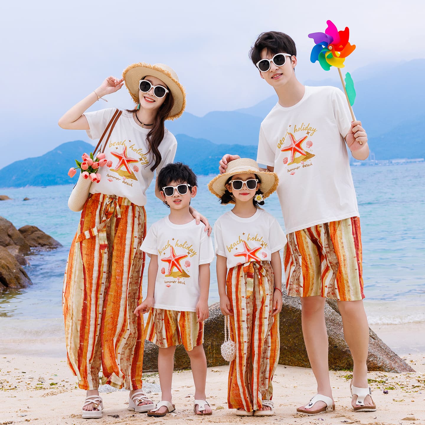 2026 Summer New 9-Point Pants Set Beach Set Family of Four Casual Set