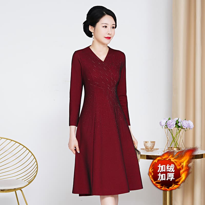 Winter Fleece-Lined Thickened Comfortable Mother Dress Wedding Dress Heavy Industry Beaded Slim Fit Dress Shenzhen Supply