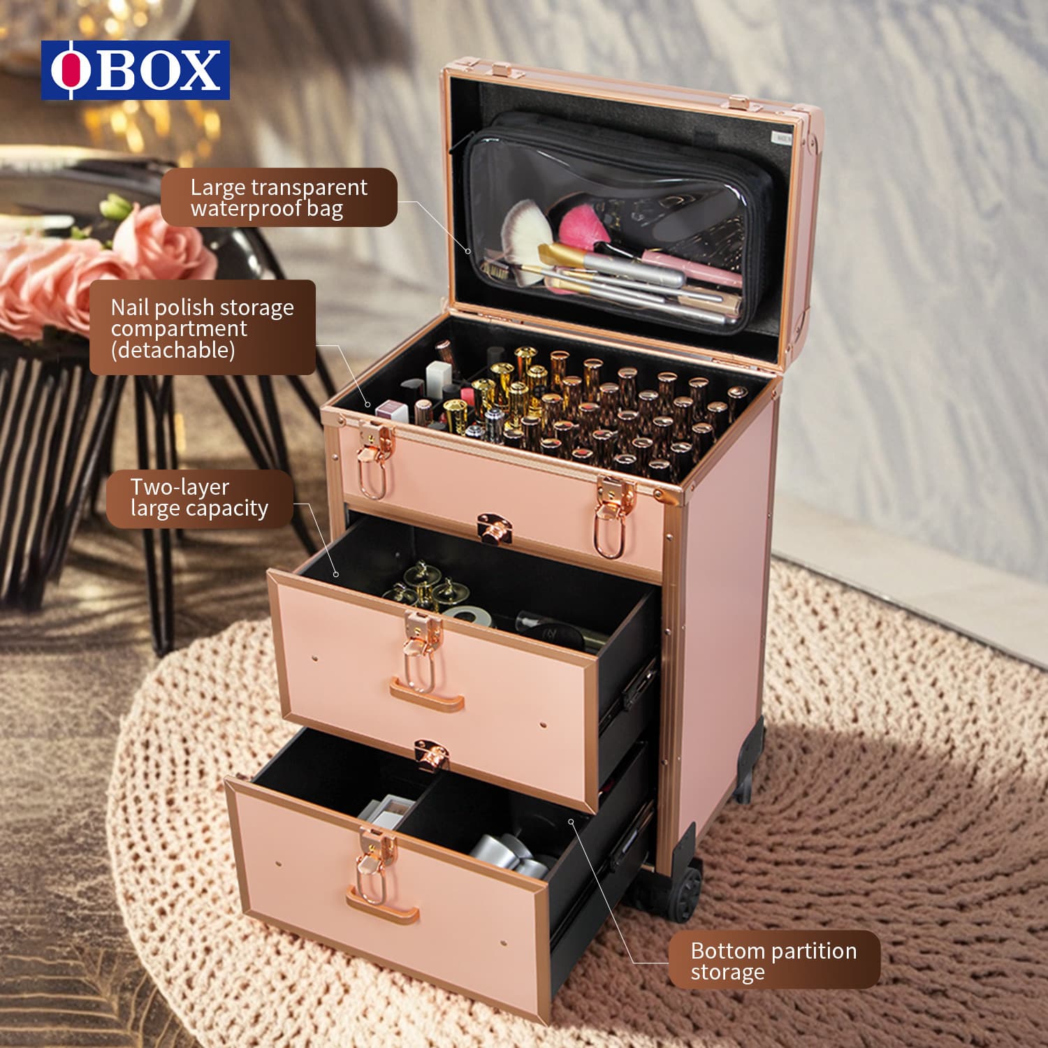 OBOX tattoo and manicure storage box, universal wheel pull rod makeup box, multi-layer makeup tool box, multi-functional drawer box