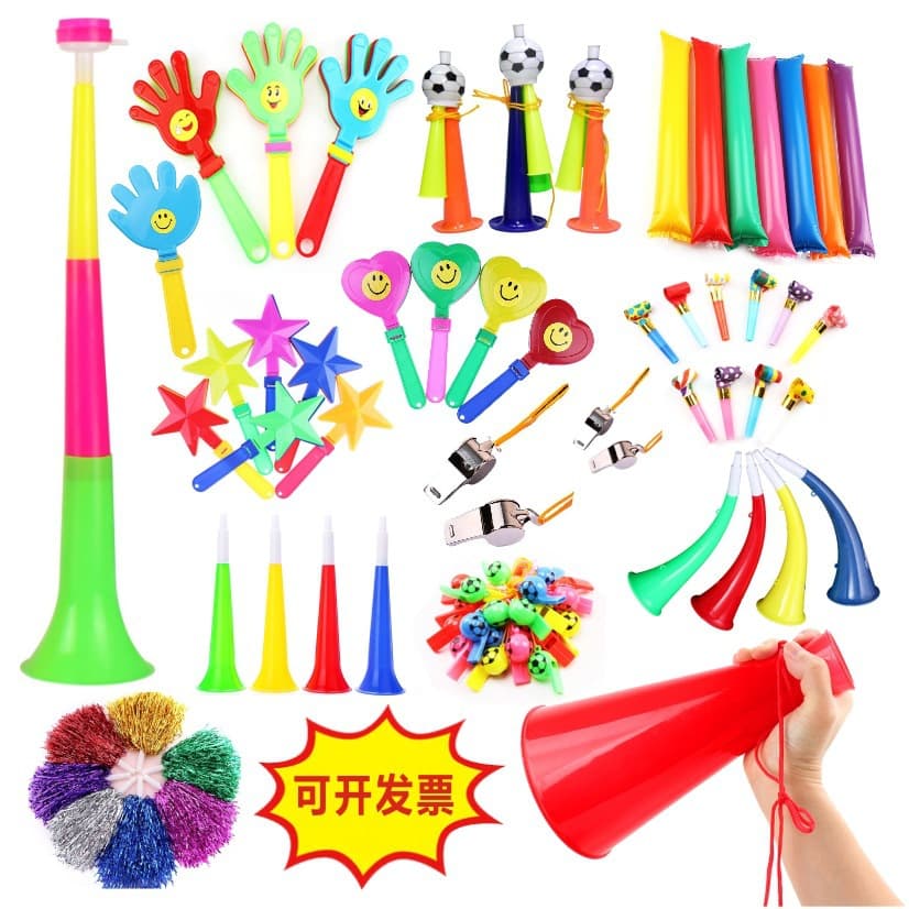 Cheerleading props for competitions: whistles, clappers, pom-poms, cheering horns