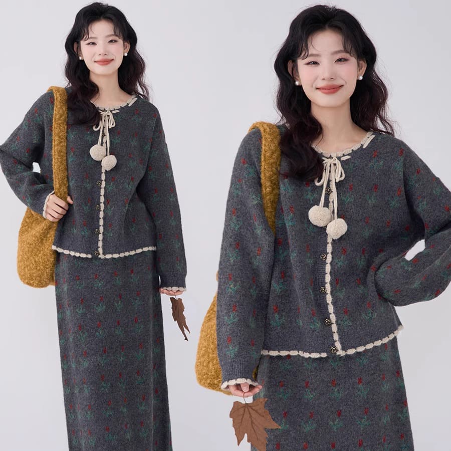 Zedajia Yi ~ Spring Day Silhouette ~ Lace-up Ribbed Knit Skirt Set for Women, 2025 Spring Two-Piece Outfit