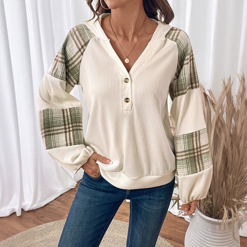 TikTok Europe and America 2026 Fall/Winter New Relaxed Commute Style Top Plaid Patchwork Lantern Sleeve Hoodie Women