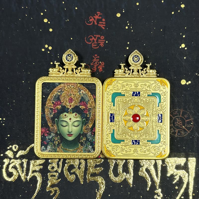 Shuanglu frank gold sprinkled with gold and green Tara Zakiram titanium steel opening and closing Gawu box religious collection thangka shell
