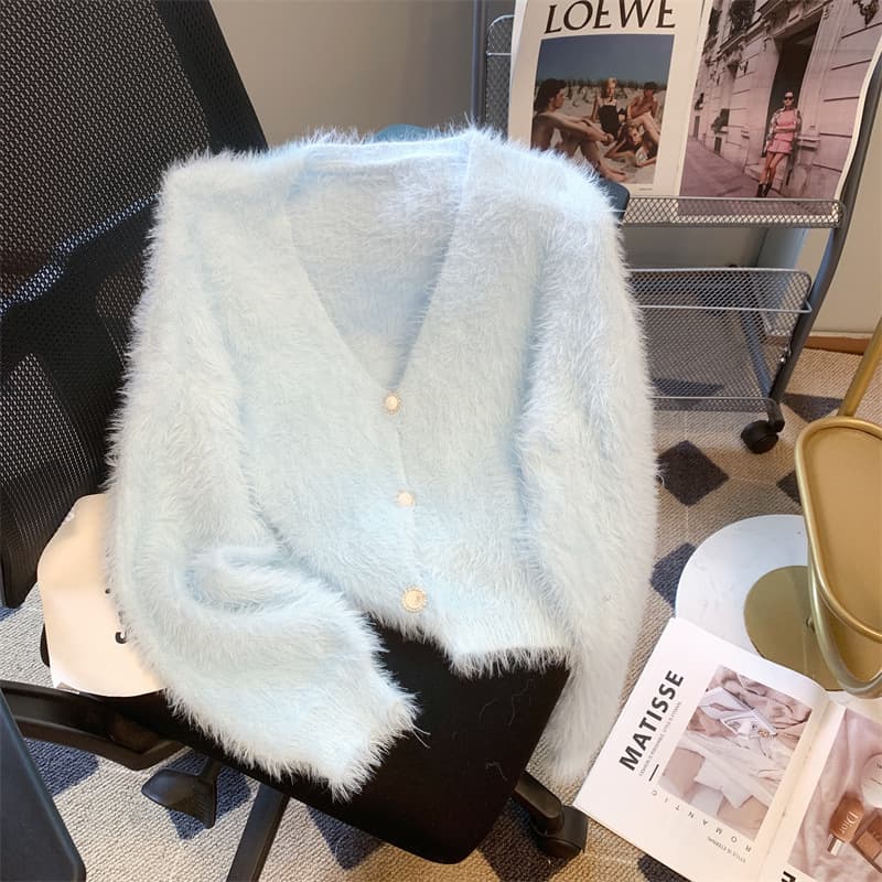 Korean-style Pearl Button V-neck Versatile Mink Knit Cardigan Autumn Winter New Loose Sweater Women's Coat