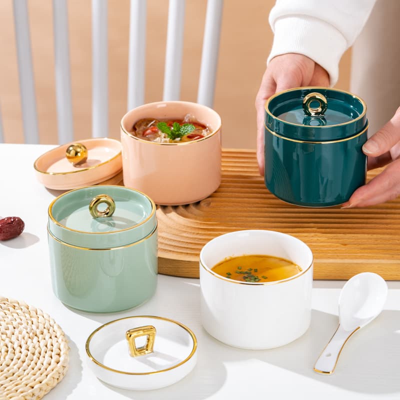 Ceramic Double Boiler Stew Pot Single Serving Dessert Cup Steamed Egg Cup with Lid Bird's Nest Ginseng Cup Candy Snack Jar Soup Stew Pot Jar