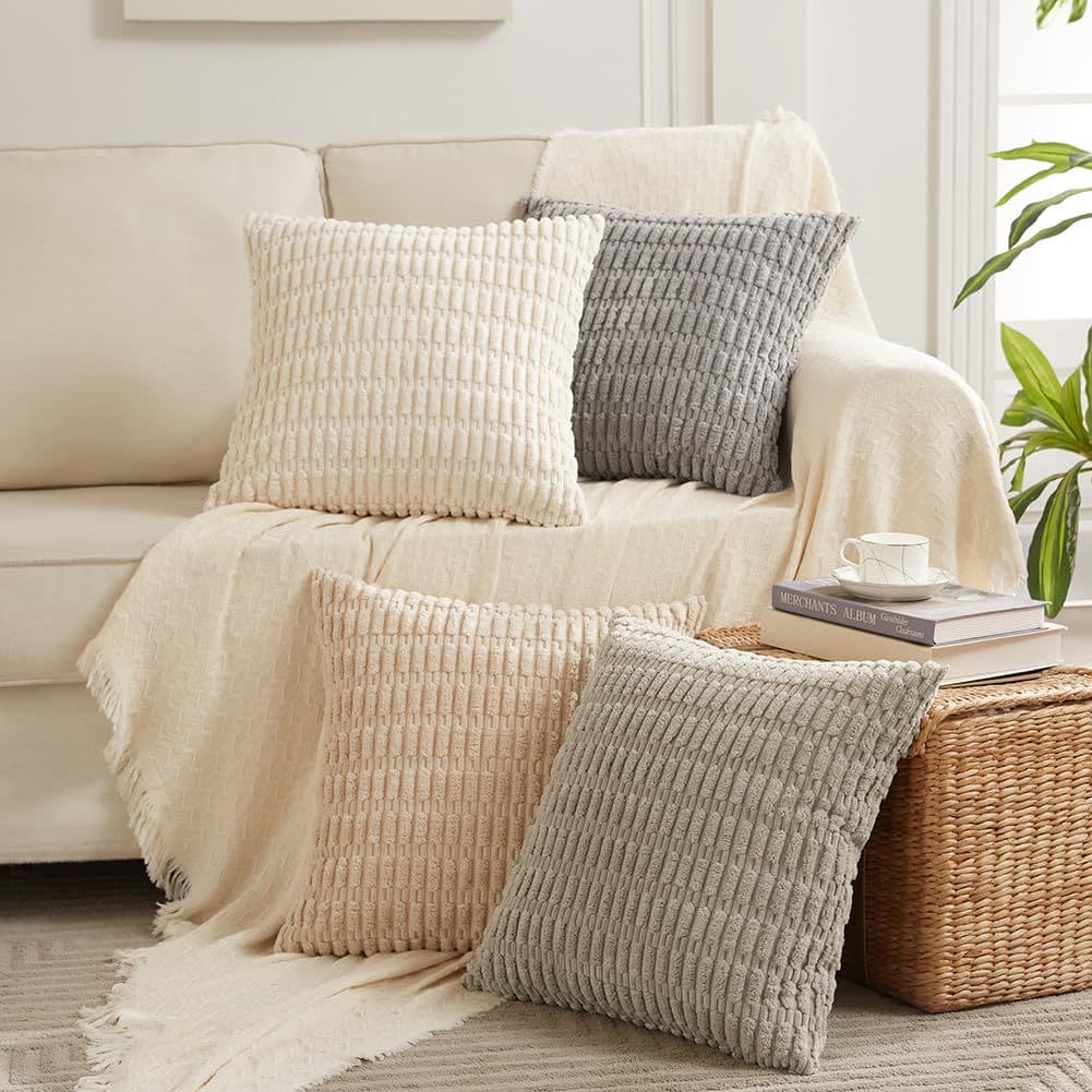 Cross-border Solid Color Plush Double-sided Throw Pillow Cover Corduroy Wheat Grain Cushion for Living Room Decoration Sofa Bed Headrest Pillow Cover