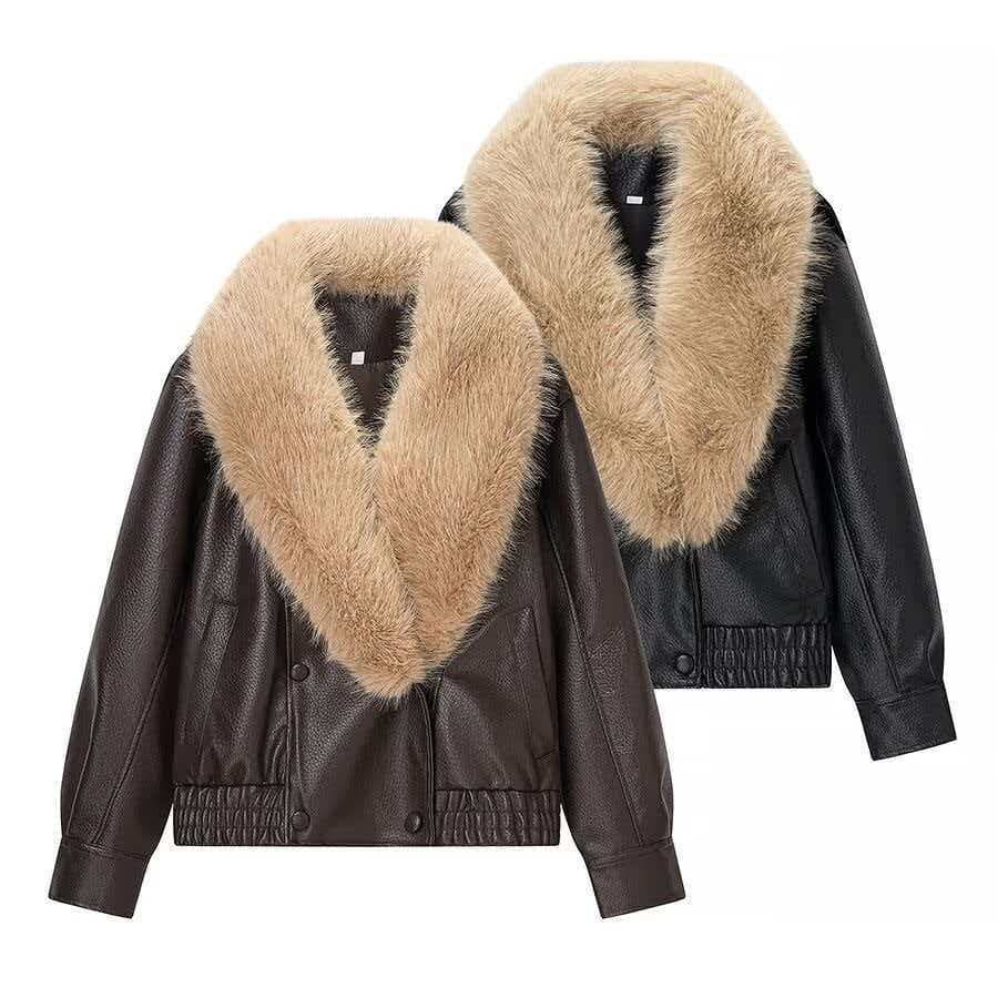 ZA cross-border European and American foreign trade women's clothing AliExpress popular casual versatile detachable fur collar imitation leather jacket