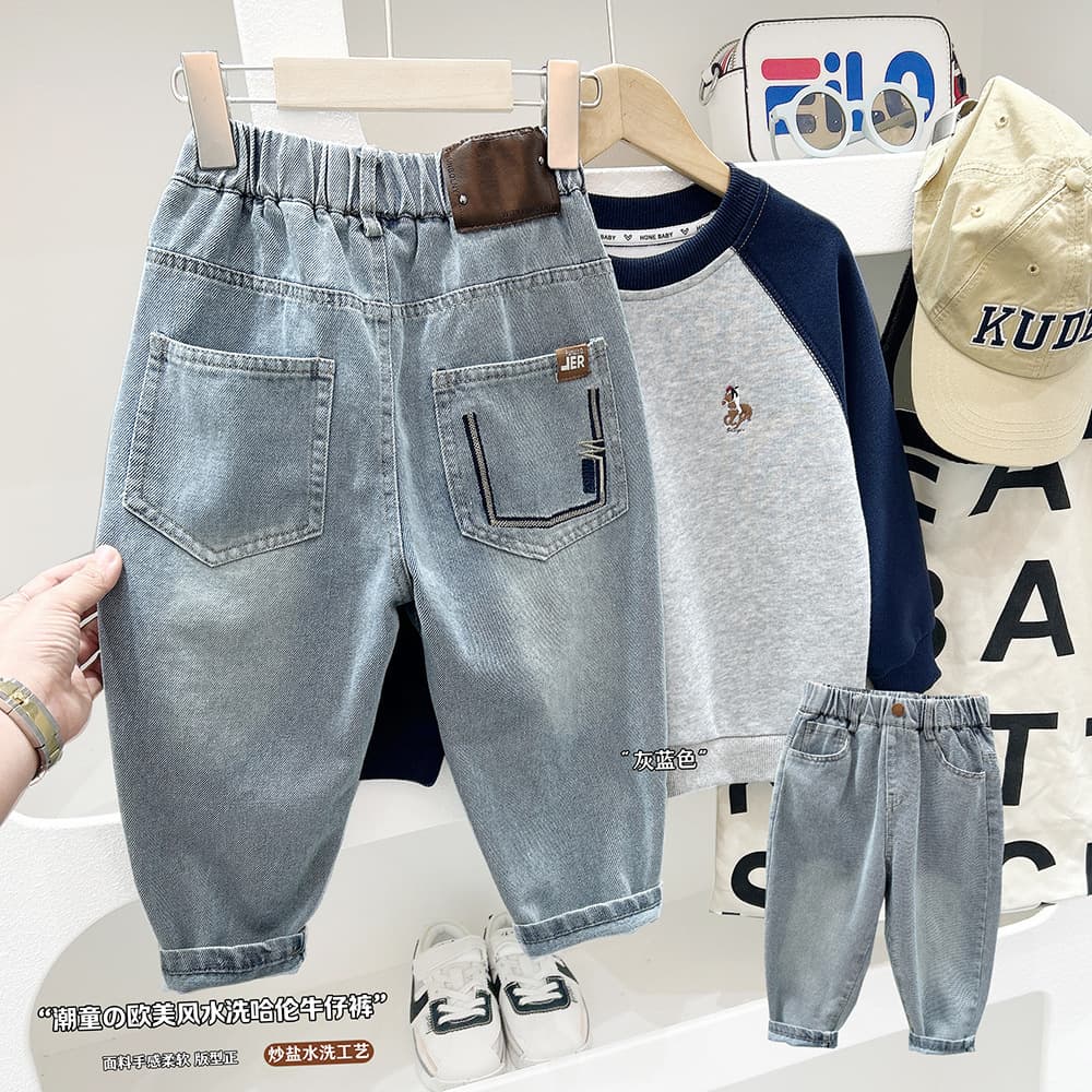 Boys Retro Blue Straight Jeans 2026 Korean Spring Style Children's Pants Trendy Long Pants for Big Kids