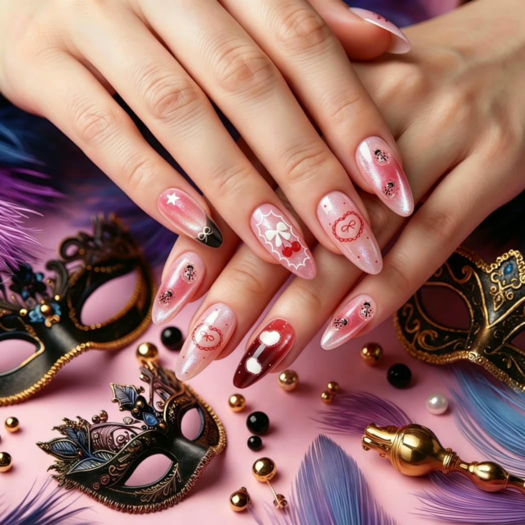 Fresh blush cat-eye manicure 3D three-dimensional seven-star ladybug glue wearable nails hand-painted fake nails EP25