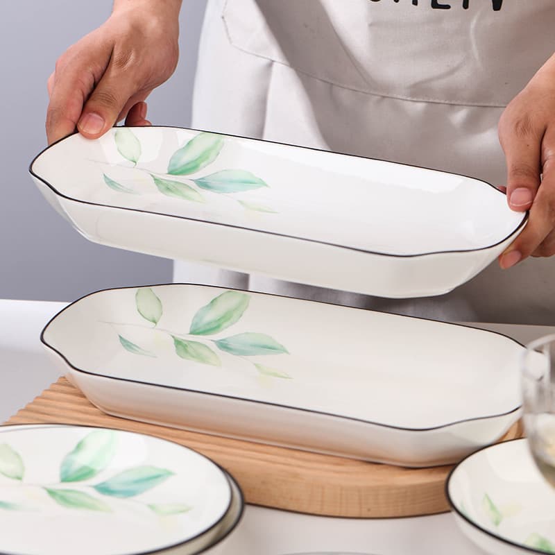 Chinese black line fish plate ceramic 2-piece large fish plate dish set household large rectangular steamed fish grilled fish plate