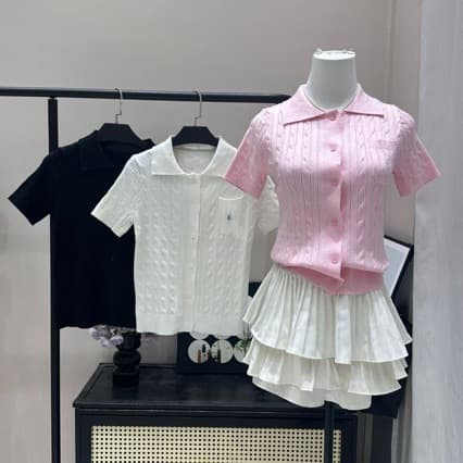 Original quality RL Ralph Lauren cable knit mock neck slim fit short sleeve T-shirt with small pony embroidery, correct version T-shirt