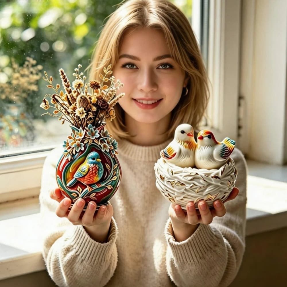 Flower Bird Vase Bird Nest Decoration 2-Piece Silicone Mold Vintage Relief Aromatherapy Container Resin Casting Mold