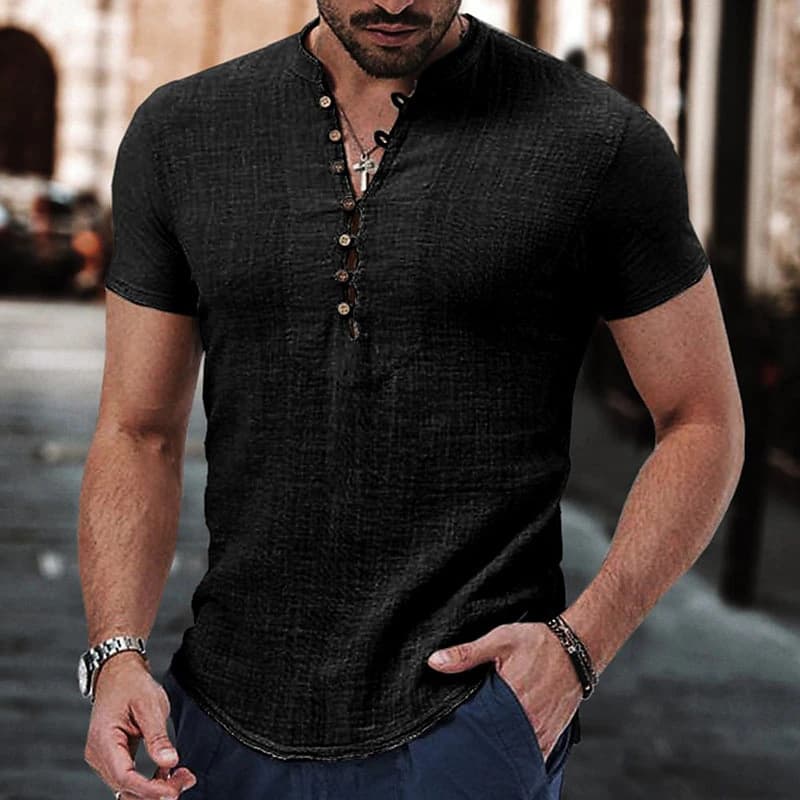 2023 Amazon Cross-Border Men's Linen Casual Shirt Plain V-Neck Summer Daily Wear