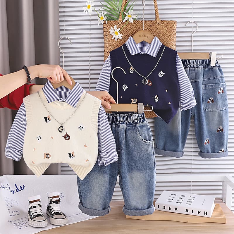 Boys Spring Suit 2026 New Style Baby Boy Fashionable Sweater Vest Three-Piece Set Spring/Autumn Infant Toddler Clothing