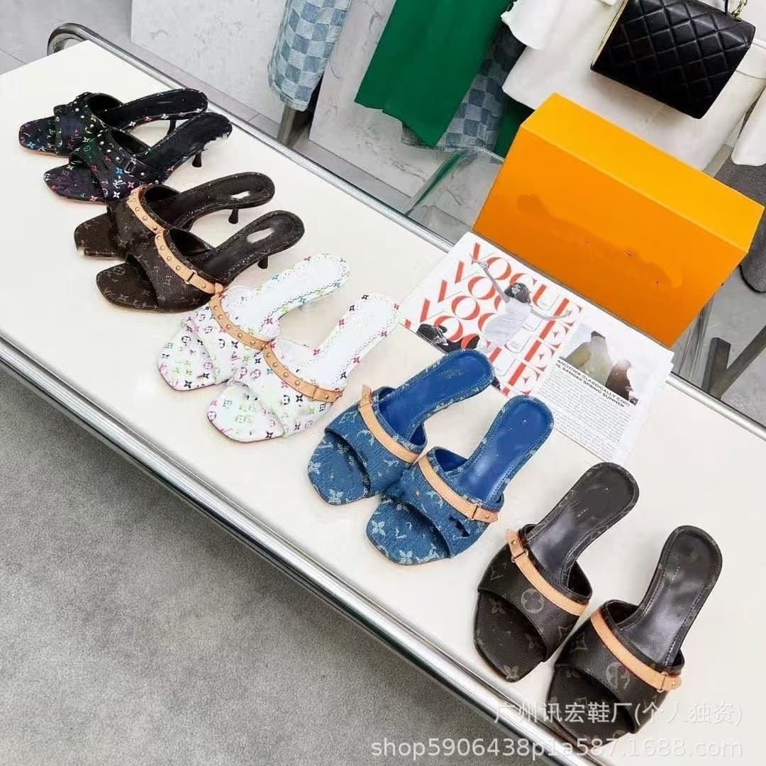 In stock versatile denim high-heeled sandals for women, Lvjia 2025 new fashion simple casual slippers high heels