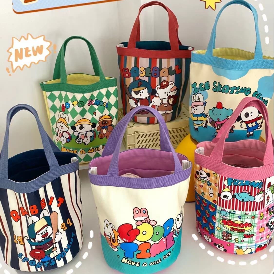 Cute Doodle Bucket Bag, Ins Print Cylinder Bag, Canvas Lunch Tote, Korean-style Girl's Handheld Lunch Box, Mom Bag