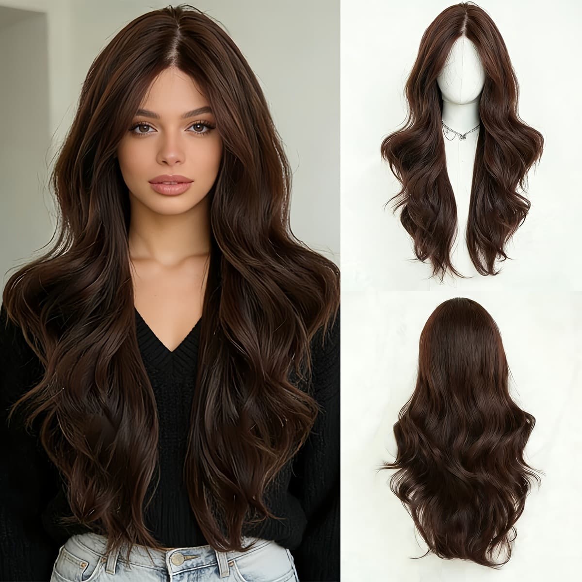 Cross-border Long Curly Wig for Women, Deep Brown, Natural Full Wig with Middle Part, Heatable and Dyeable, Factory Wholesale