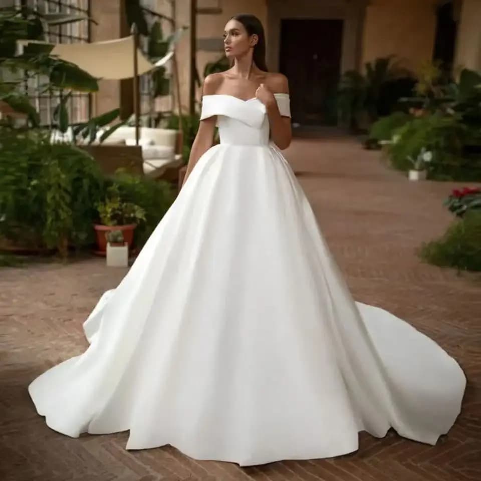 Satin Off-Shoulder Light Wedding Dress, Cross-Border Women's Dress for Bride Travel Photography, Satin Train Gown