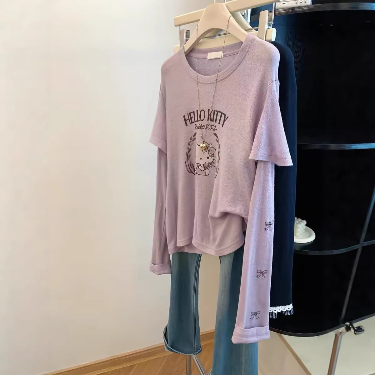 Cross-border Plus Size 240 Jin Pink Purple Hello Kitty Casual Faux Two-Piece Long Sleeve T-Shirt Women's Summer New Loose Fit