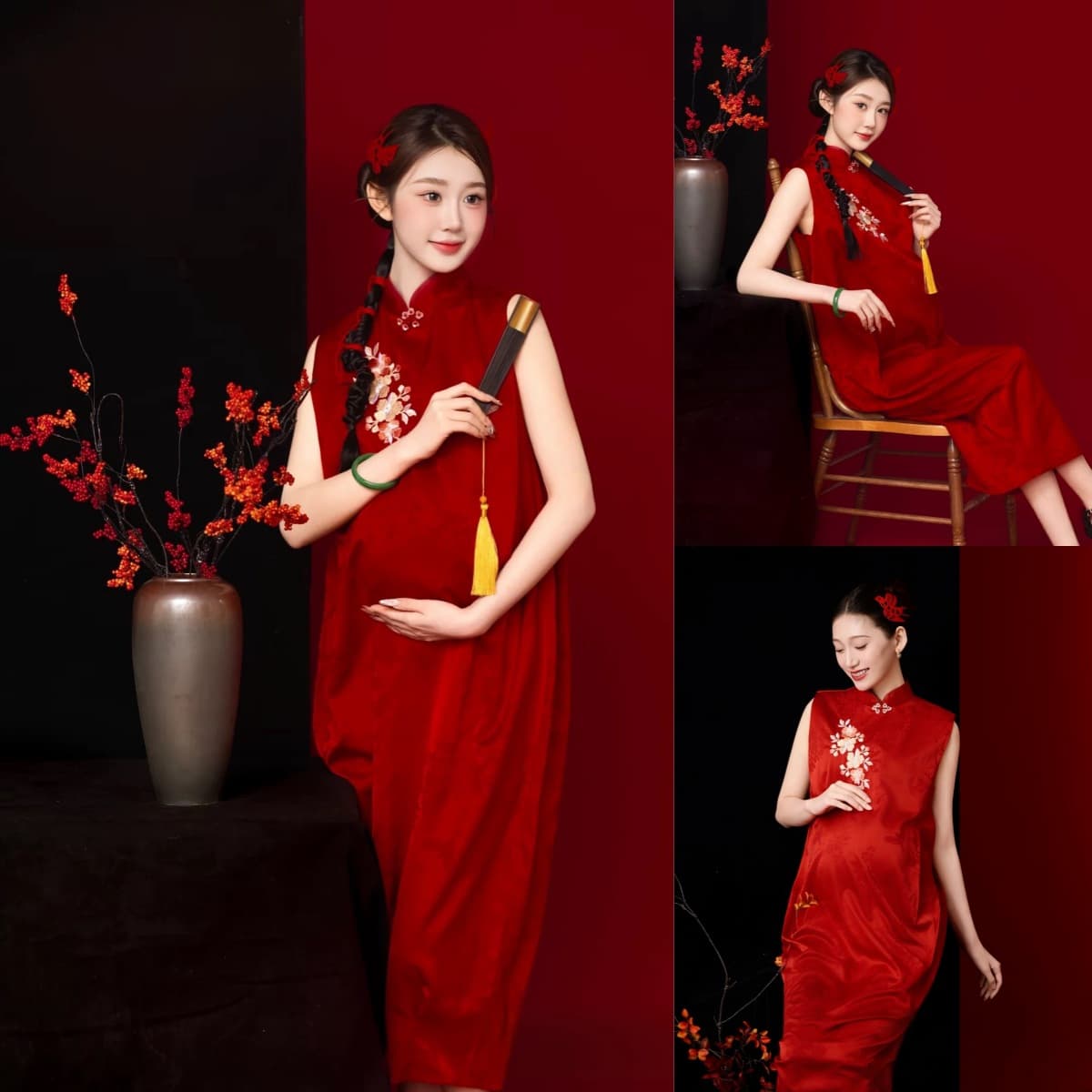 New Maternity Dress Chinese Style Red Gown for Pregnancy Photoshoot Art Portrait