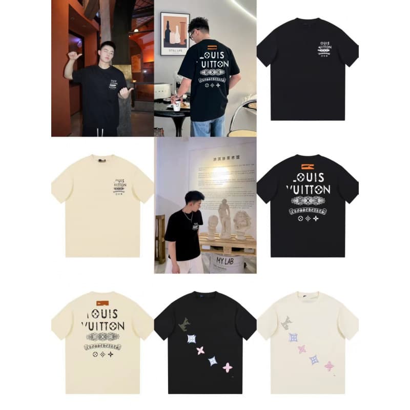 Cross-border Trendy Brand Correct Version LV Style Fashion Short Sleeve Unisex Classic Print Graffiti Round Neck T-Shirt
