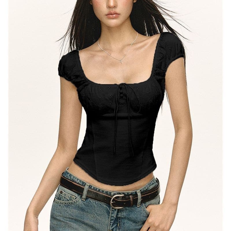 White Lace Waist-Cinching Corset Top, Figure-Flattering Retro Sweet Style, Cropped Korean-Inspired Youthful Tie-Front Puff Sleeve Blouse