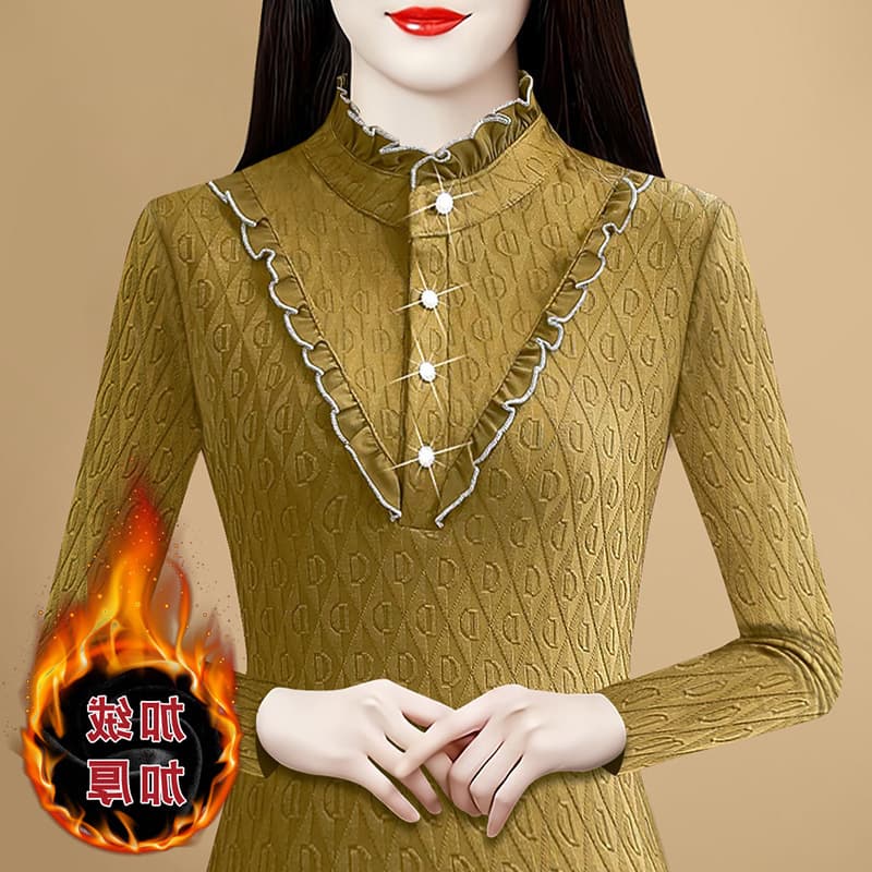 2025 Autumn/Winter High-Neck Ruffled Trim Half-Open Pullover Top with Letter Jacquard Mesh Fabric for Women