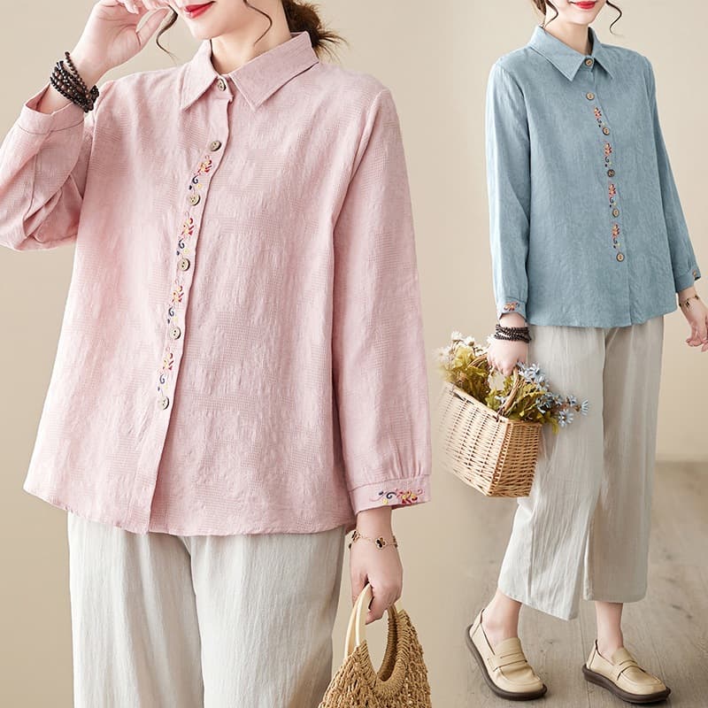 Actual Photo Cotton Linen Shirt Women 2025 Spring Summer Three-Quarter Sleeve Undershirt Loose Plus Size Embroidered Top Pants Set
