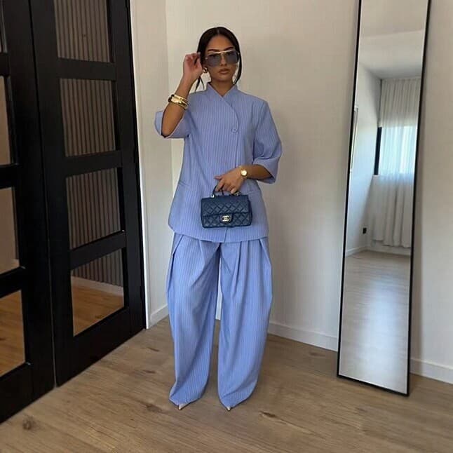 2026 autumn new European and American cross-border women's striped stand-up collar mid-sleeve suit wide-leg pants fashion casual two-piece set