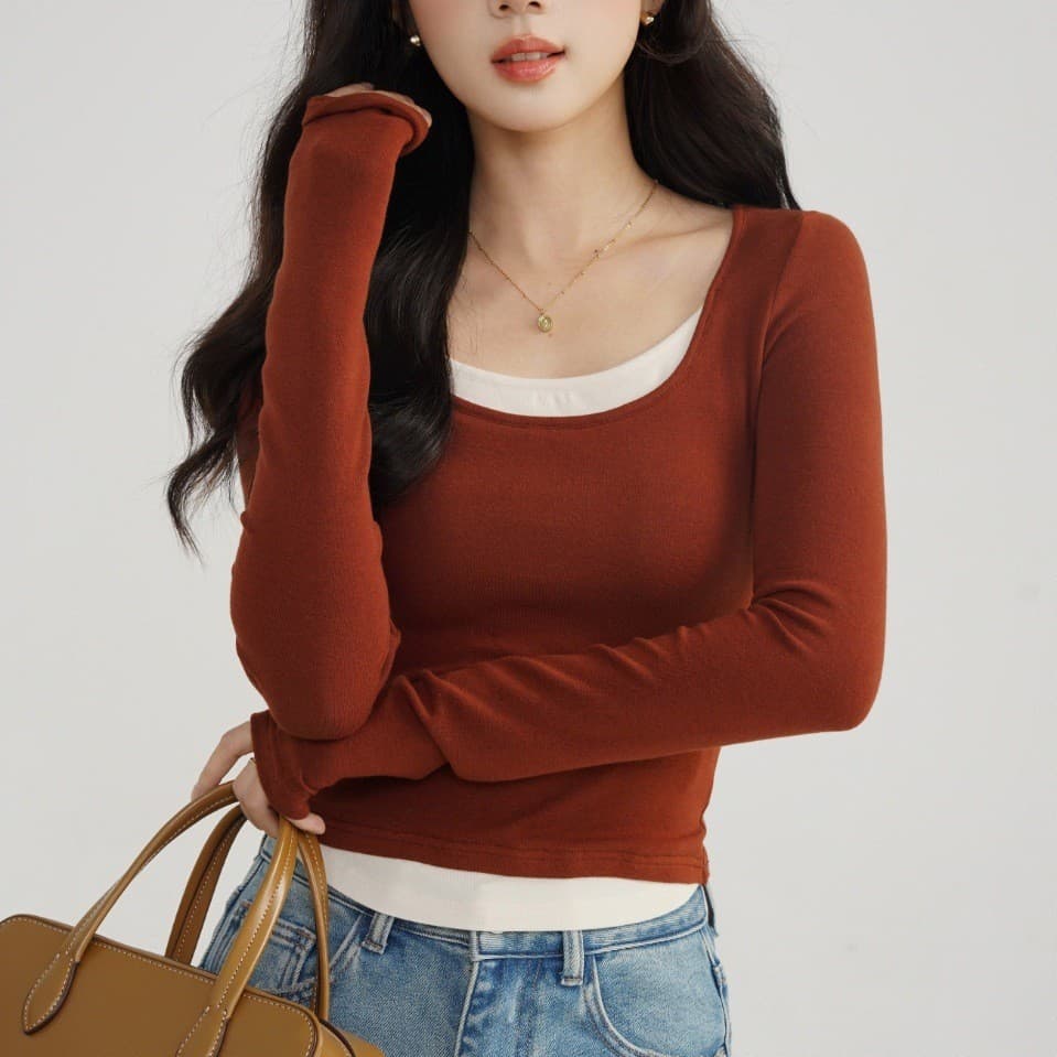 Women's Built-In Bra Fake Two-Piece Long-Sleeve T-Shirt, Autumn/Winter Brushed Thermal Layering Sweet Style Petite Slim-Fit Inner Wear