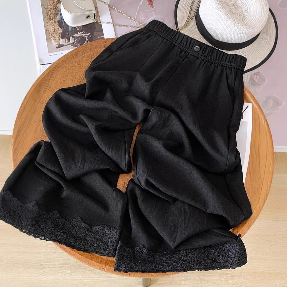 High-End Linen Wide-Leg Pants for Women Summer 2025 New Trendy Lace Patchwork Ramie Casual Cropped Straight Pants