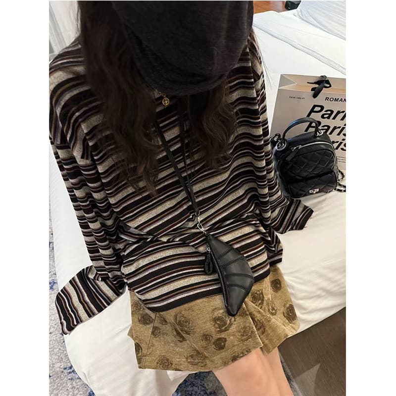 Korean Style Lazy Striped Long-Sleeve T-Shirt for Women 2026 New Autumn Slim Fit Loose Versatile Top Ins Trend