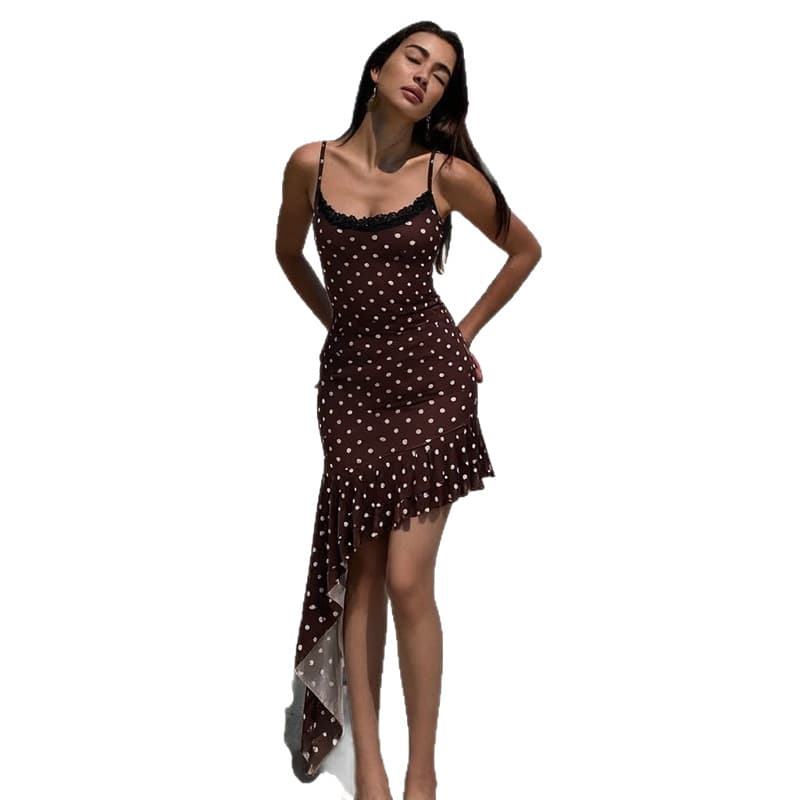 Amazon New 2026 Summer European and American Women's Fashion Casual Polka Dot Spaghetti Strap Bodycon Ruffle Hem Dress