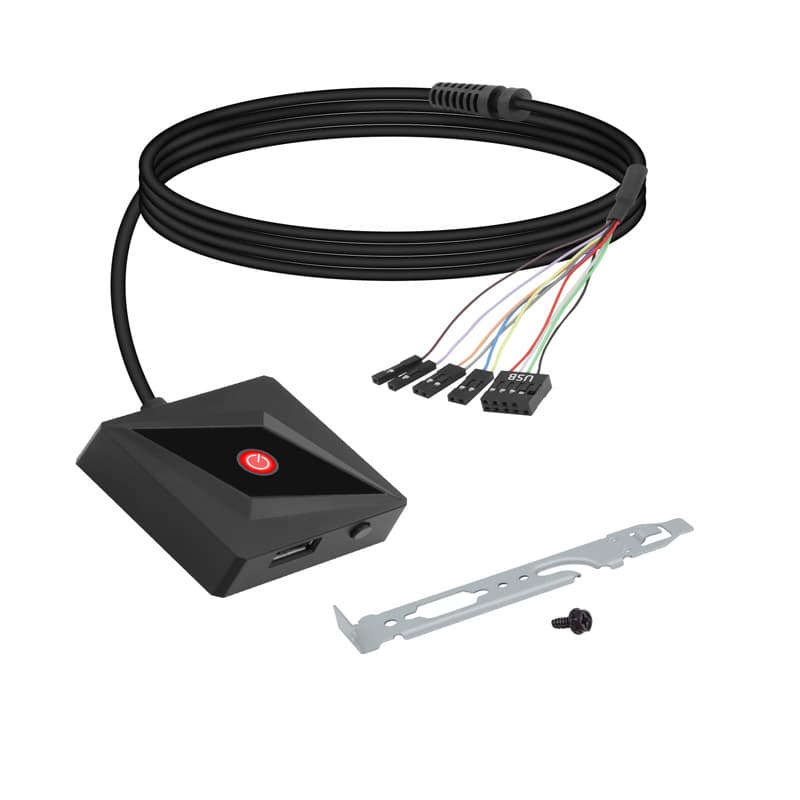 The power switch button on the PC motherboard is used to control the power on/off of the desktop computer.