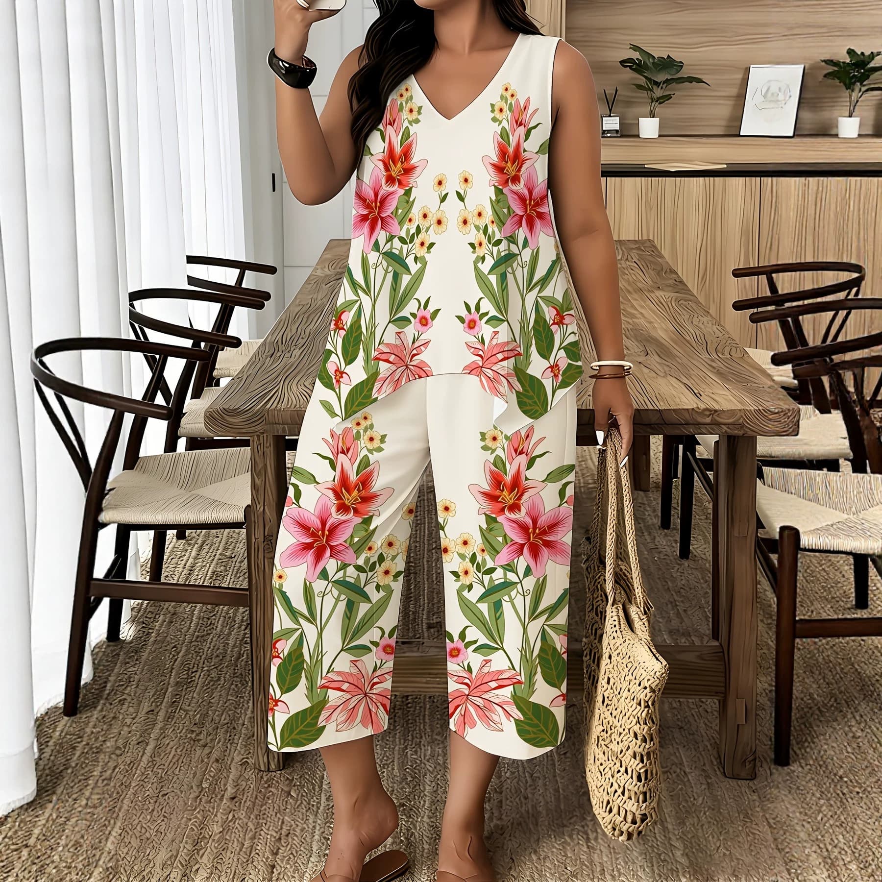 European and American Export Vacation Floral Print Sleeveless V-Neck Top Wide Leg Cropped Pants Women's Fashion Loose Casual