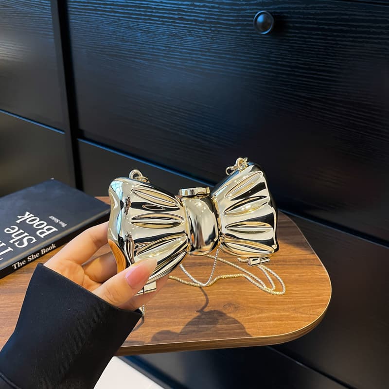 Metal Material Mini Evening Bag for Women 2025 New European and American Fashion Bowknot Stylish Crossbody Chain Lipstick Bag