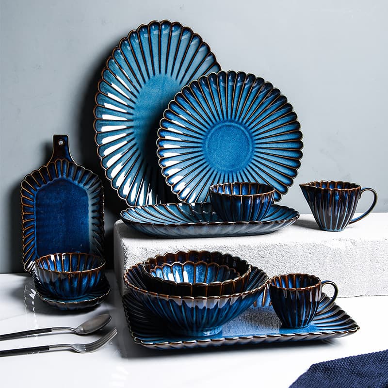 Japanese retro kiln-glazed bowls, plates and tableware set creative ceramic plate steak western dinner plate wholesale spot