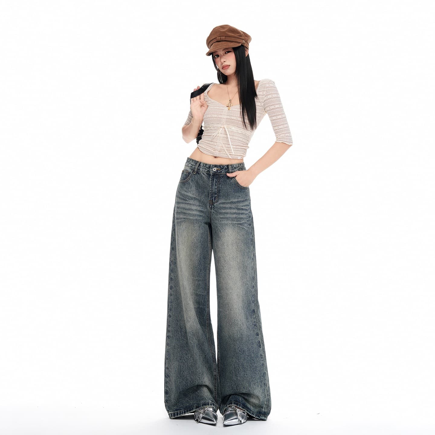 Cross-border 2026 Fall/Winter New High-Waist Slimming Loose Distressed Wide-Leg Jeans in Vintage Blue with Spring Pattern
