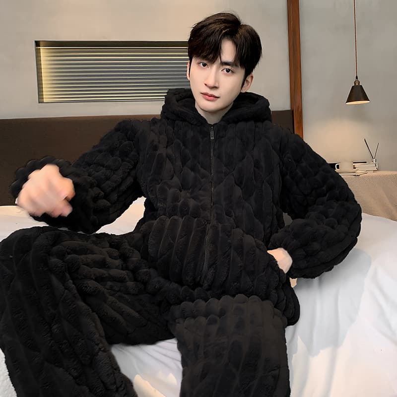 Men's Winter Coral Fleece Thickened Three-Layer Cotton Pajama Set for Teens and Youth
