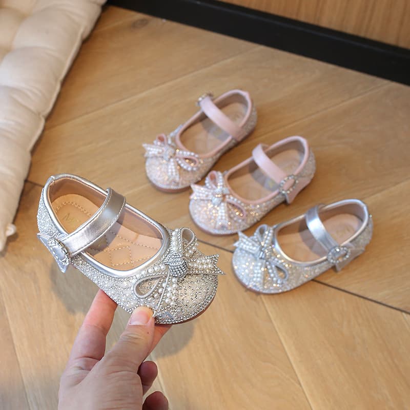 Children's Rhinestone Shoes 2025 Autumn New Rhinestone Pearl Girls Princess Shoes Fashionable Baby Girl Flats Trendy Cross-Border