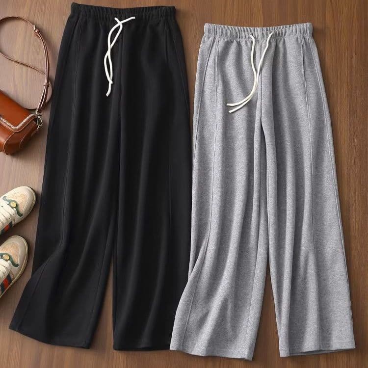Great Pants Style! Elastic Waist Drawstring High-Waisted Slimming Black and Gray Loose Straight-Leg Casual Sweatpants for Women, New for Spring