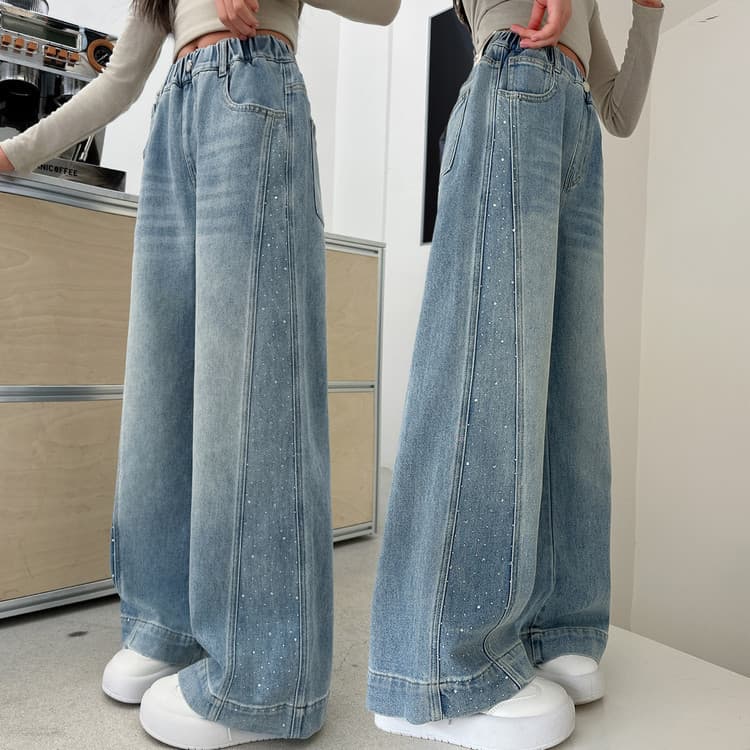Rhinestone Girls Jeans Spring Autumn Children Wide Leg Pants New Mid-Large Kids Straight Leg Pants Versatile Long Pants