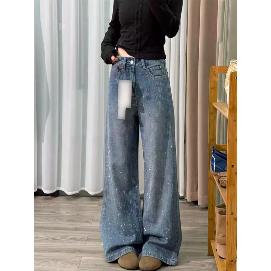 Plus Size Sparkly Rhinestone Star Jeans for Women New Style High-Waist for Curvy Figures Trendy Wide-Leg Straight Pants