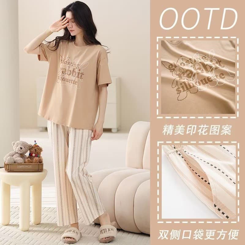 Women's New Summer Pure Cotton Short-Sleeved Pajama Set with Trousers, Casual Homewear